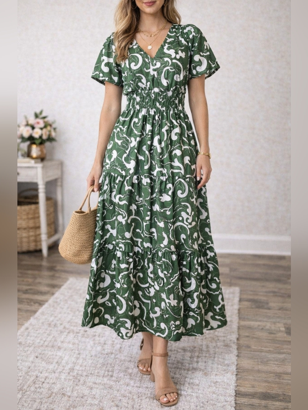 Anthropologie The Somerset Maxi Dress Green White Tiered Smocked 100% Cotton XS